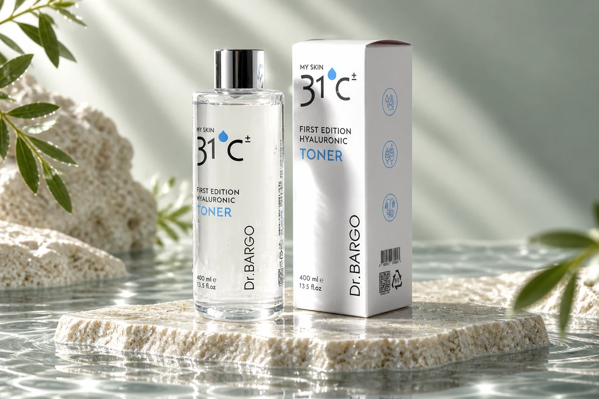 밝은 돌과 물 위의 닥터바르고 MY SKIN 31°C± 토너와 패키지 연출